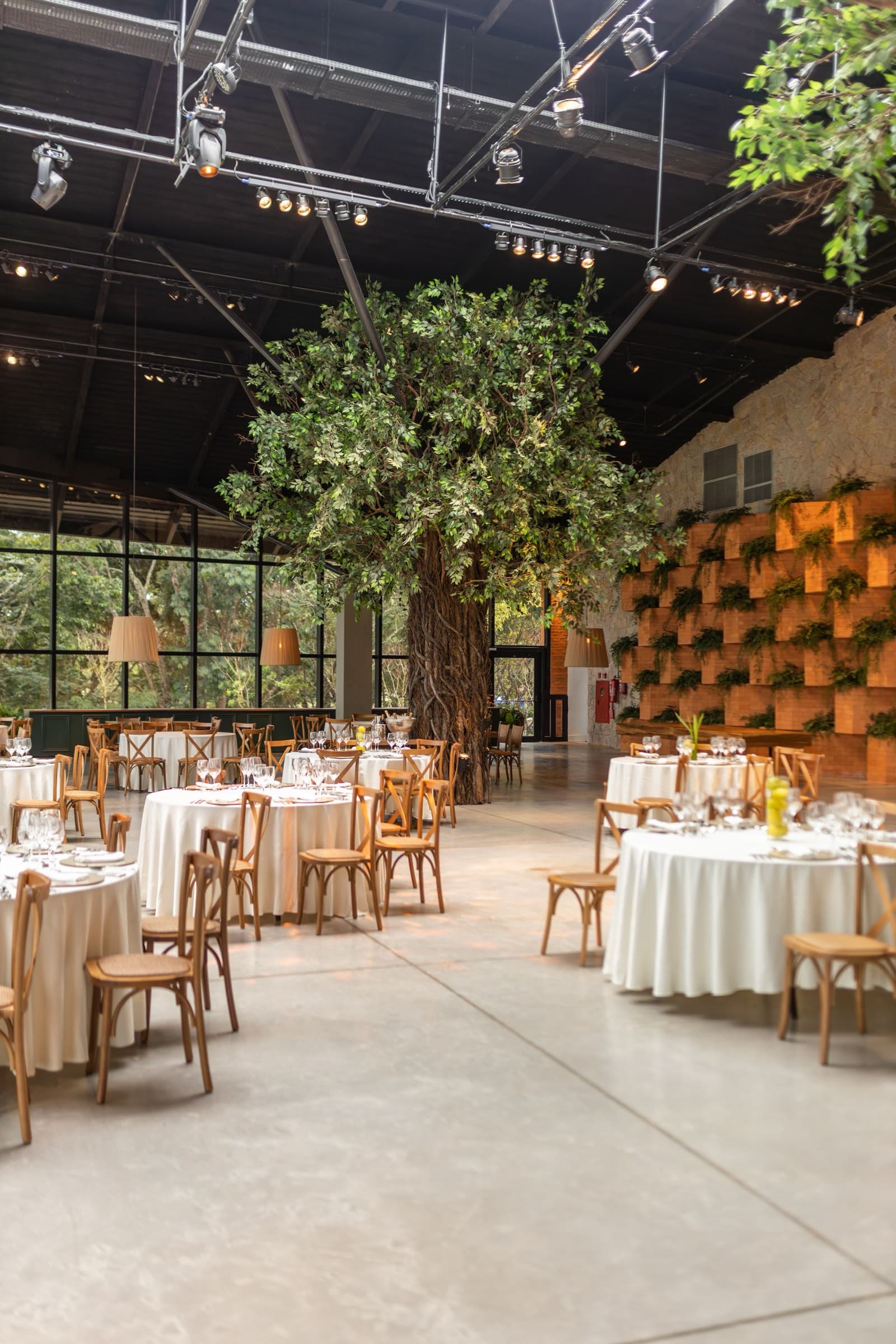 Round white-linen tables and wooden cross-back chairs beneath a tall indoor tree and a fern-lined terracotta wall in a glass-walled event hall
